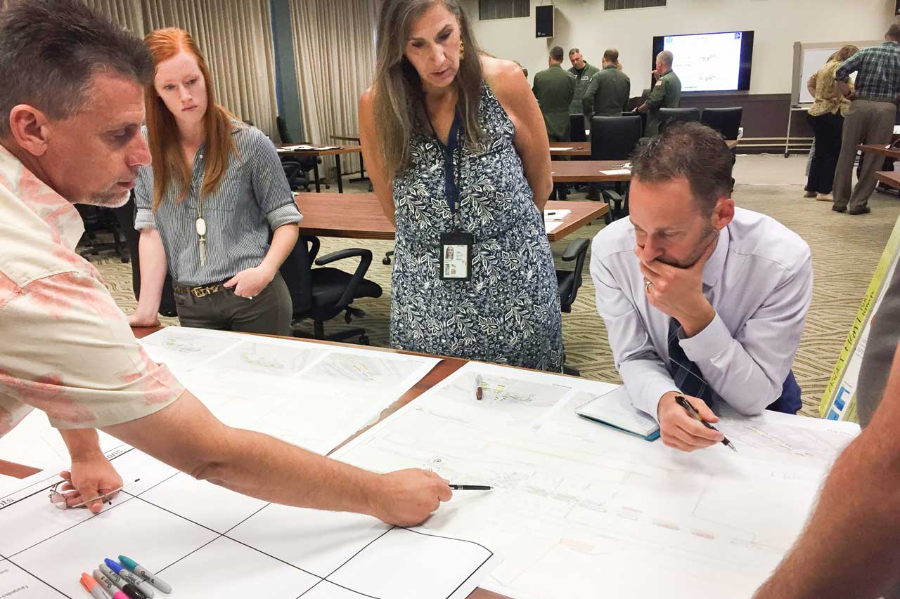 image of a team reviewing plans during a workshop